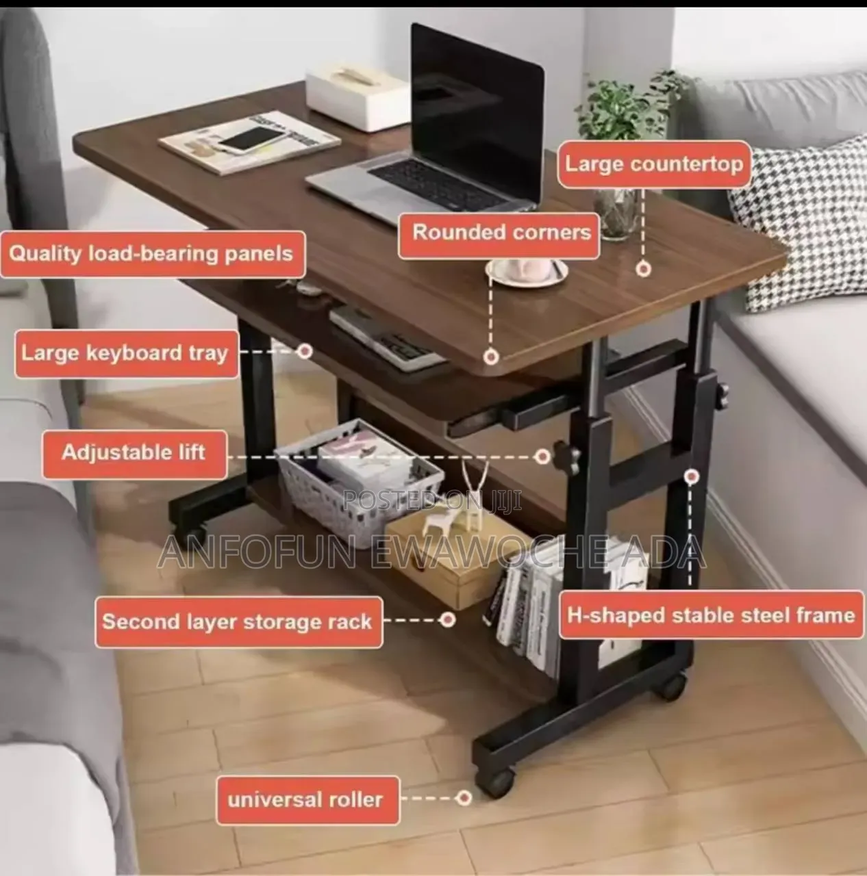 Liftable Study Computer Desk With Storage Rack Wheels (80 × 50 Cm)