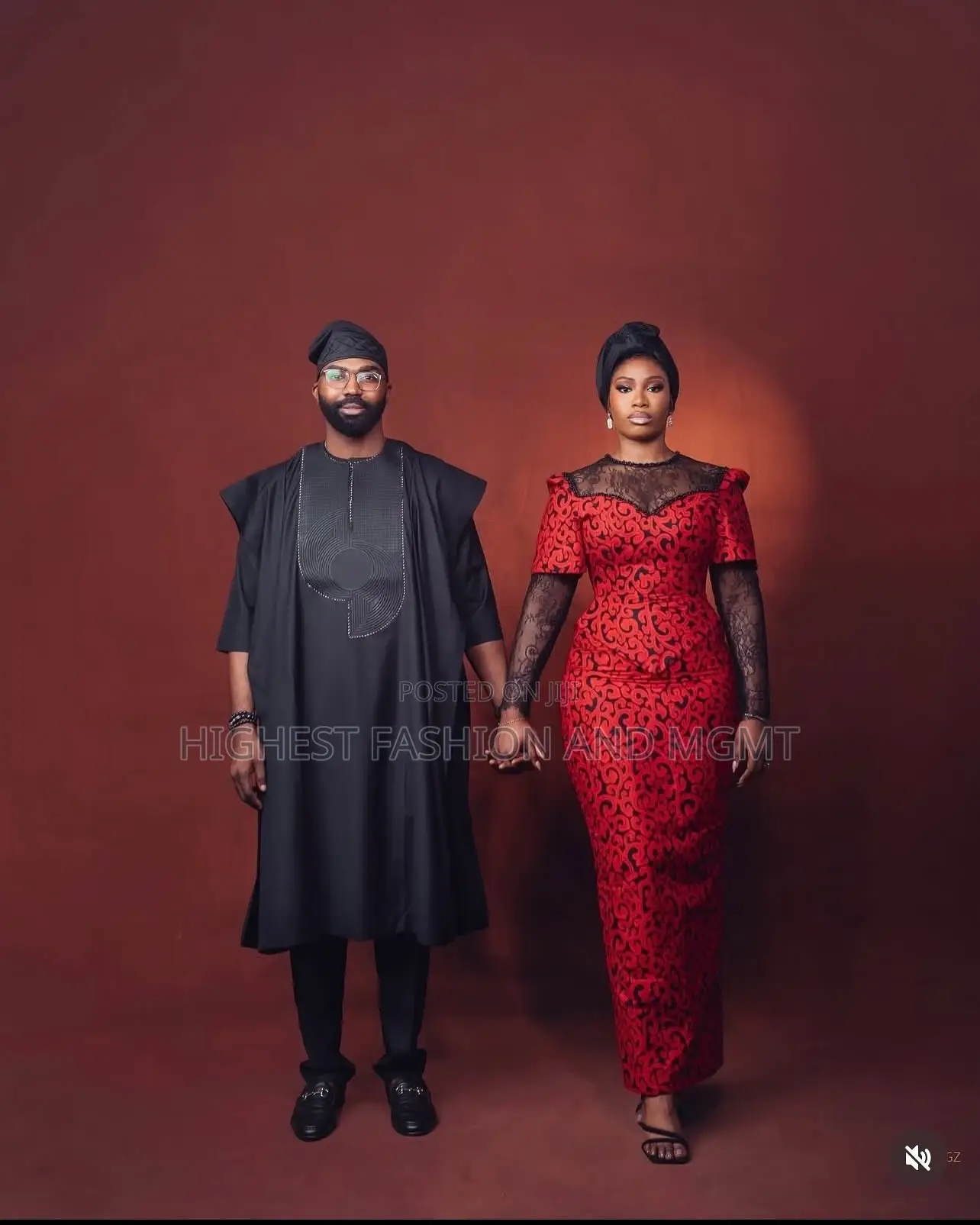 Red Black Patterned Gown With Lace Sleeves Embroidered Agbada