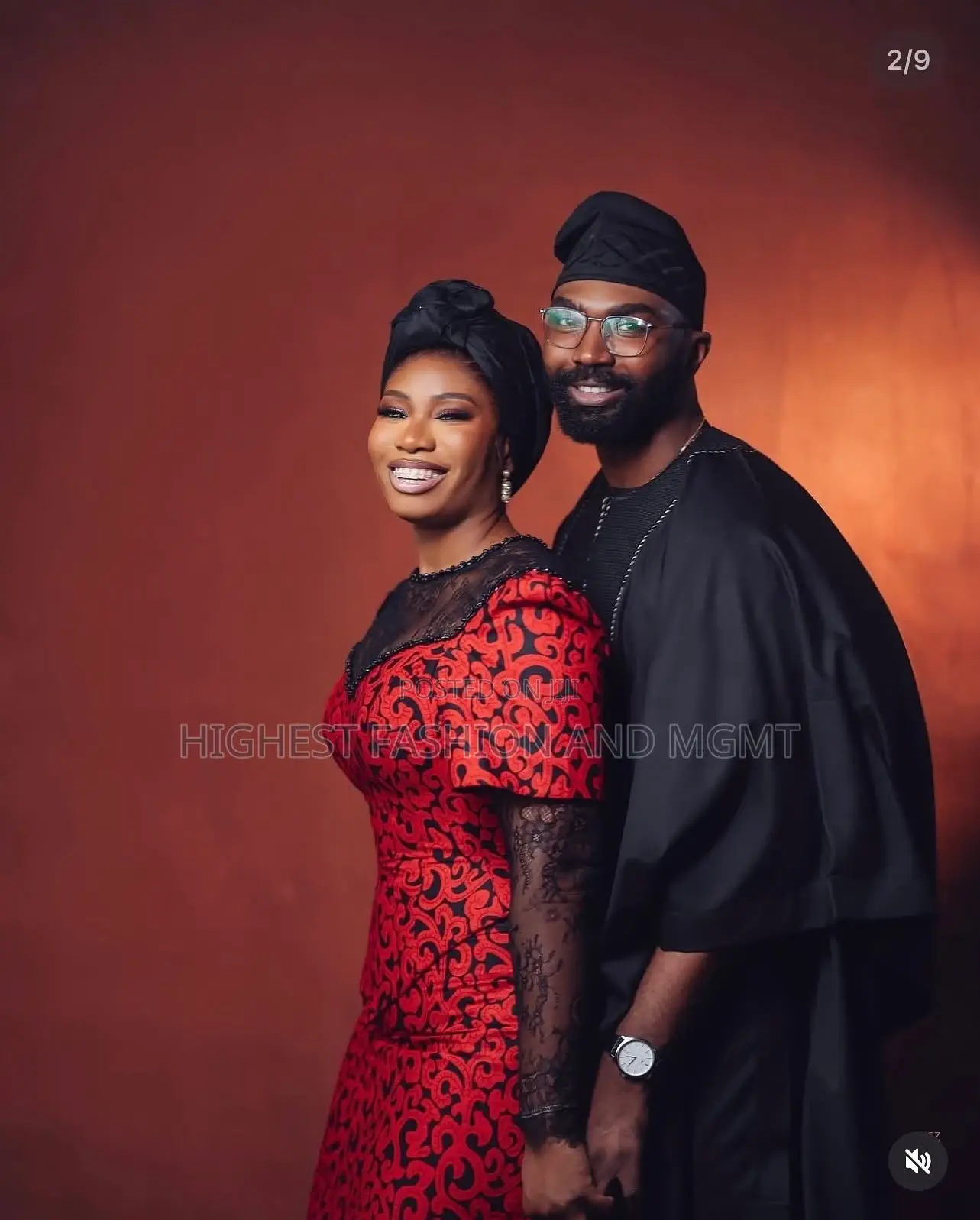 Red Black Patterned Gown With Lace Sleeves Embroidered Agbada