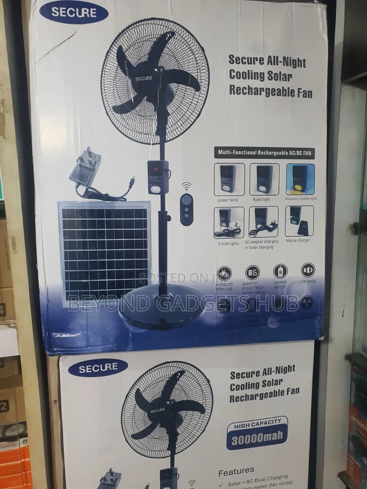 Secure All-Night Cooling Solar Rechargeable Fan 30000mah + Solar Panel