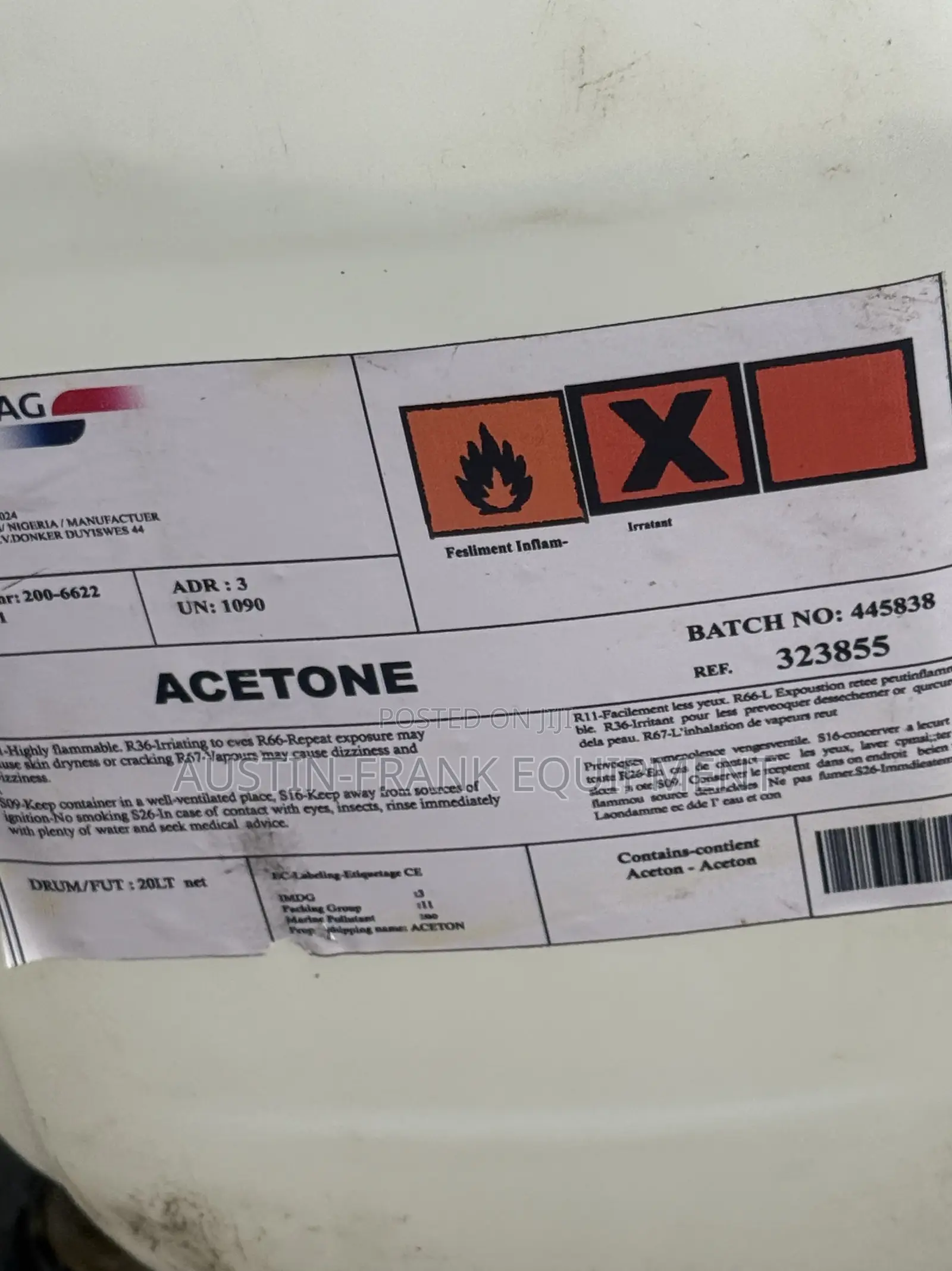 20-Liter Container of Acetone Solvent