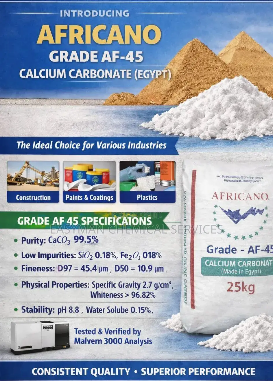 Calcium Carbonate Grade Af-45 – 99.5% Purity, Egyptian Origin, 25kg