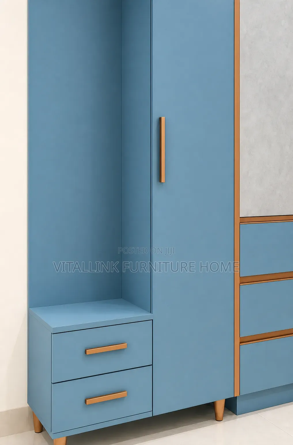 Modern Blue Stone-Finish Wardrobe With Vanity Nook Drawers