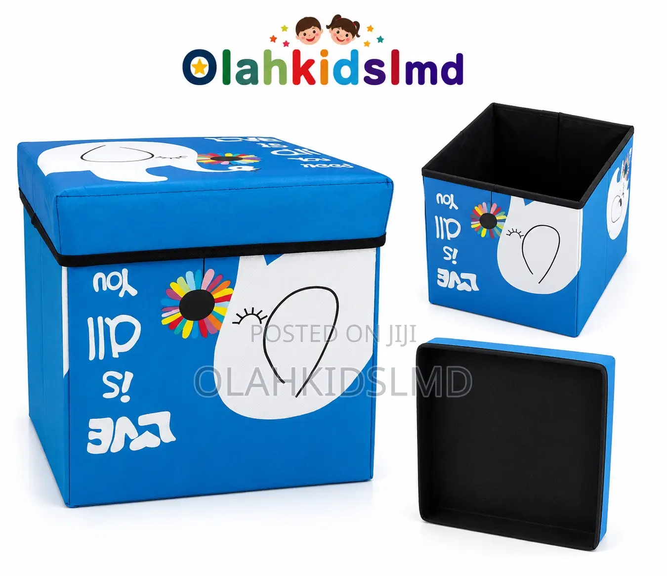 Foldable Storage Ottoman Box – Kids Toy Bin With Lid, Blue