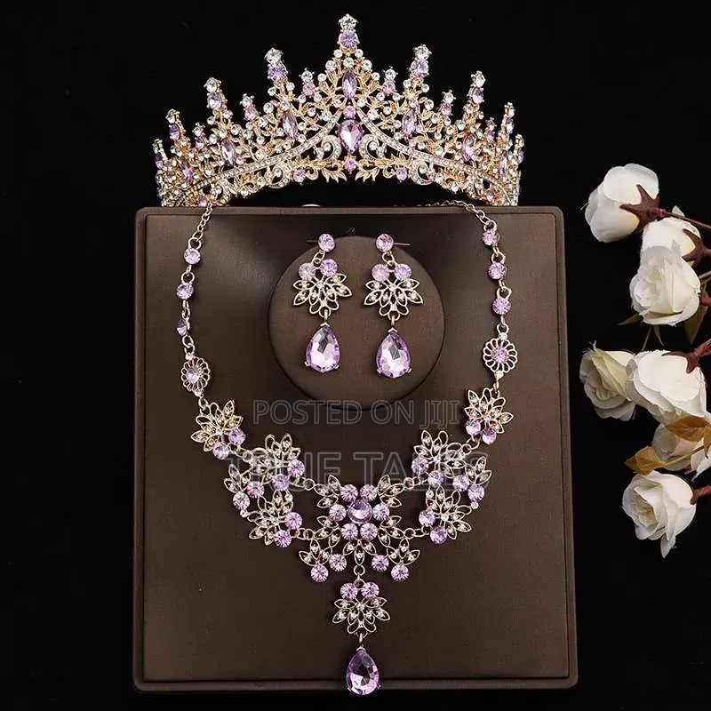 Purple Color Ladies Full Set of Tiara Crown, Earrings Necklace Sets