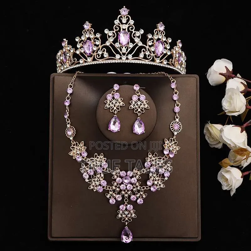 Purple Color Ladies Full Set of Tiara Crown, Earrings Necklace Sets