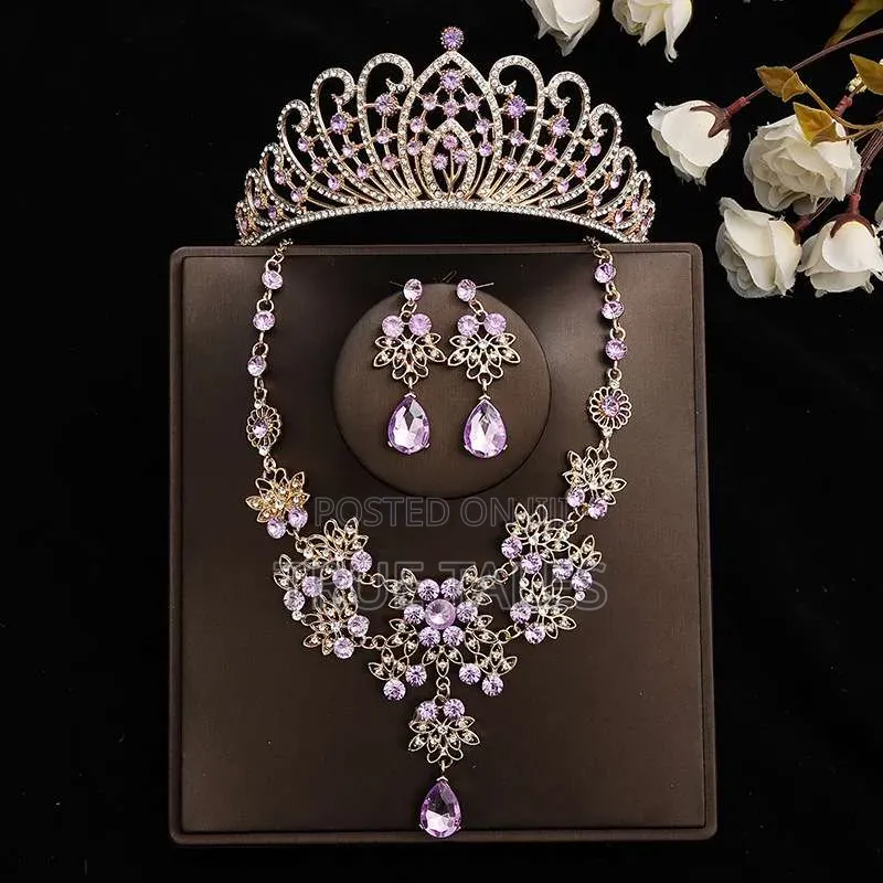 Purple Color Ladies Full Set of Tiara Crown, Earrings Necklace Sets