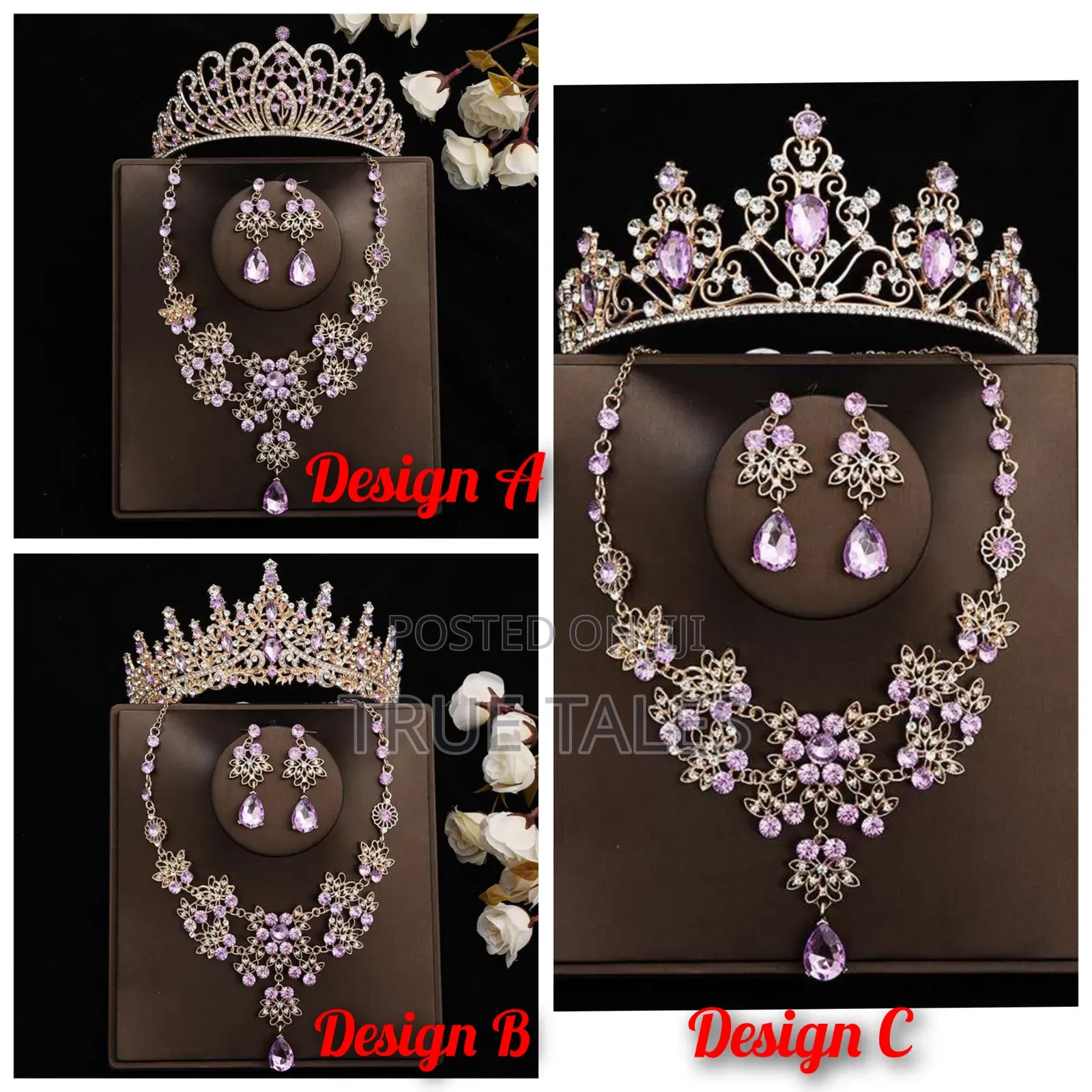 Purple Color Ladies Full Set of Tiara Crown, Earrings Necklace Sets