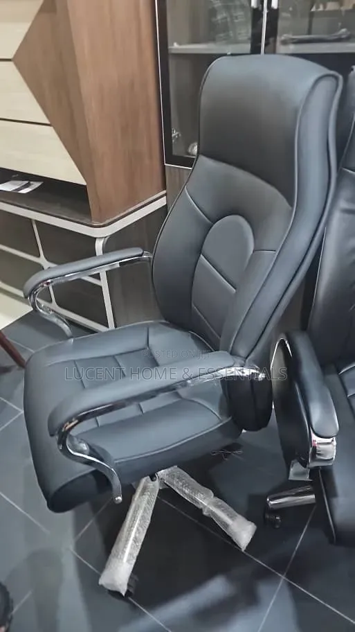 Premium Black Leather Director's Chair With Chrome Armrests