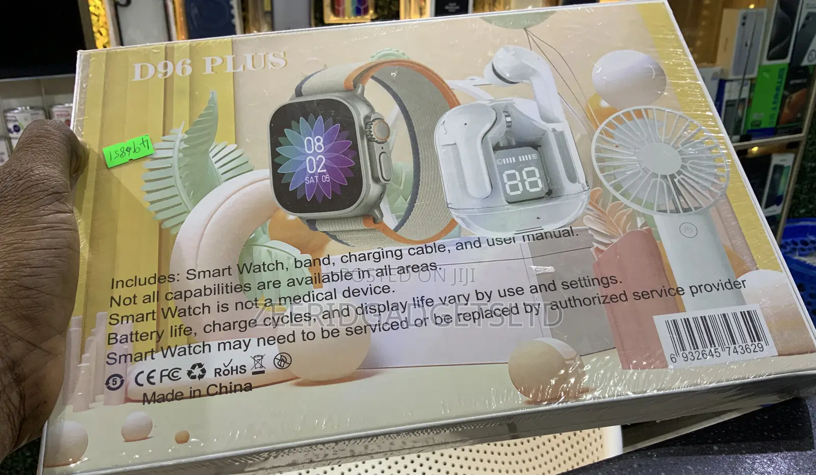 D96 Plus Smart Watch, Earpods, and Hand Fan