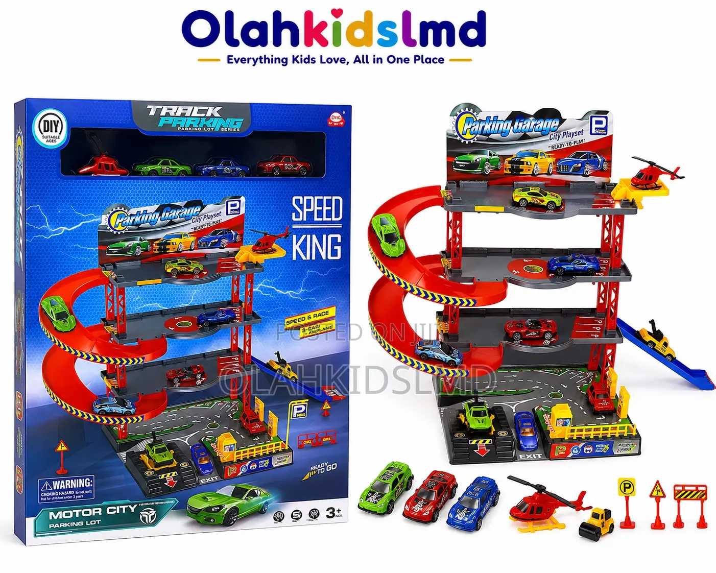 Motor City Parking Garage Playset – 3 Cars, Helicopter, Diy, 3+
