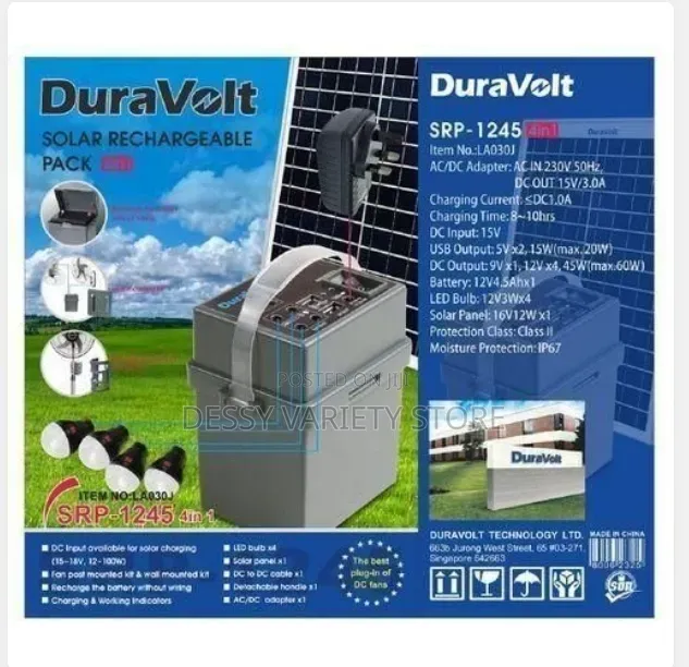 Duravolt 4 in 1 Solar Rechargeable Pack for Fans 12v4.5ah Battery