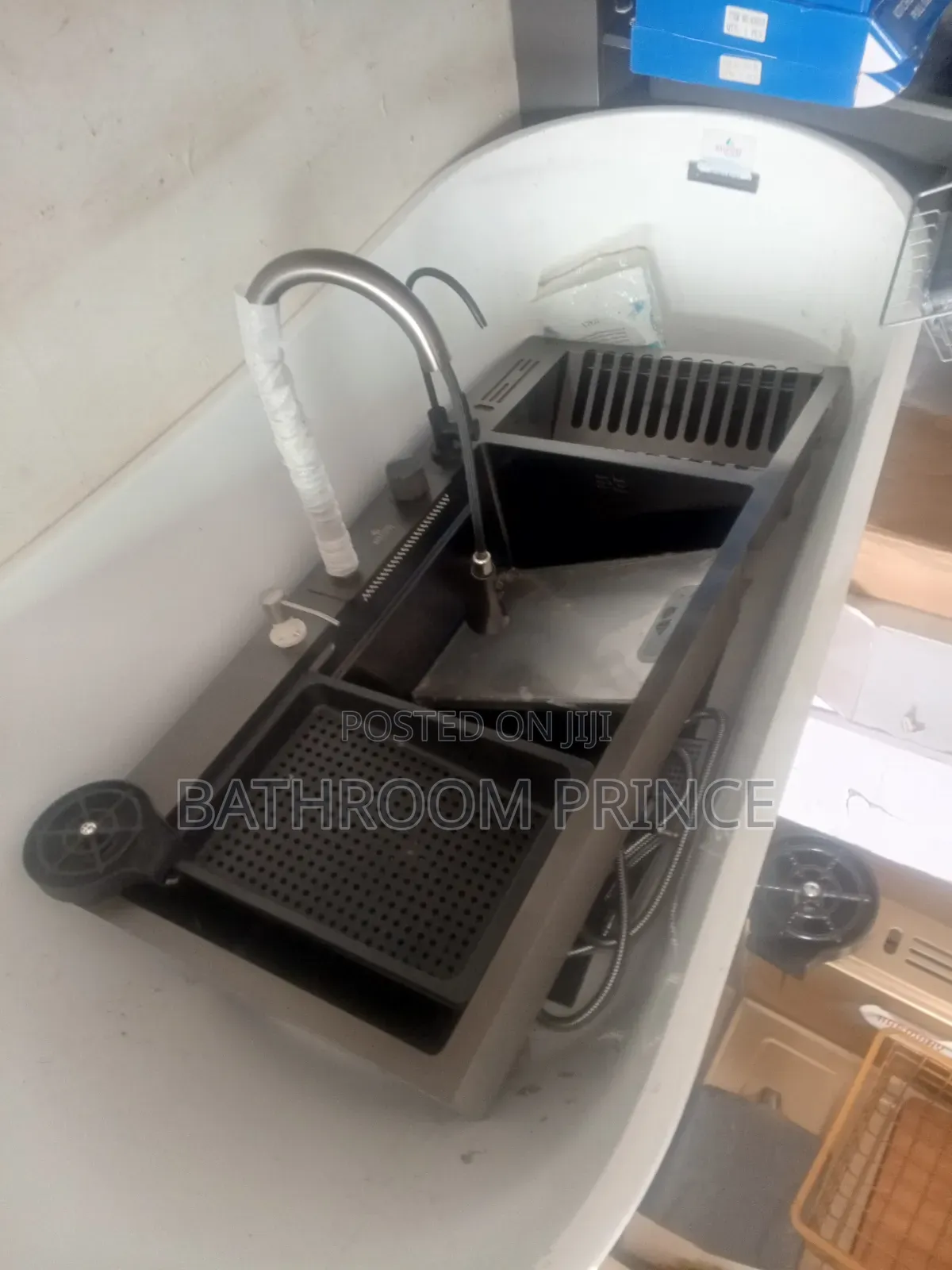 Black Kitchen Sink With Plate Rack and Complete Accessories