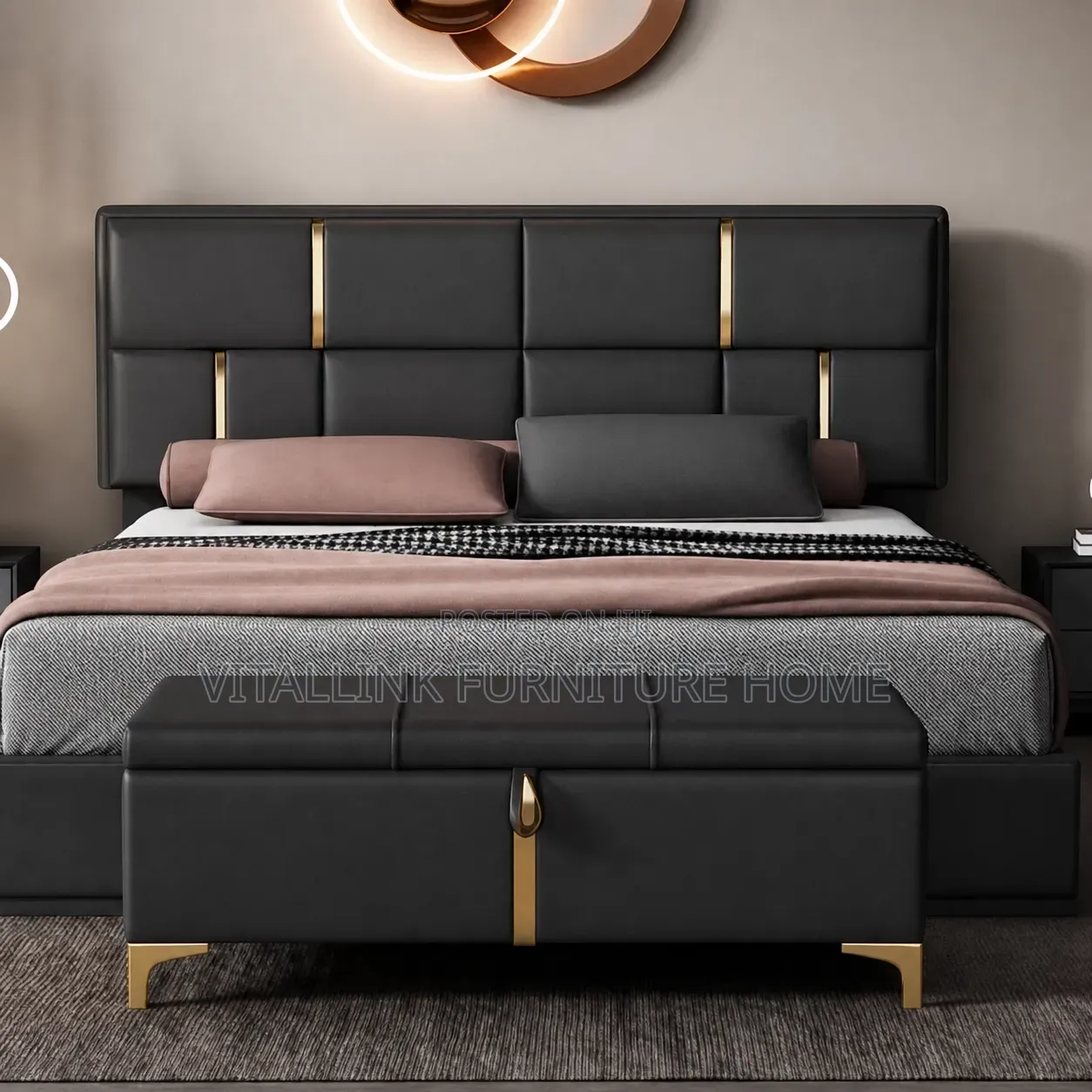 Luxury Black Upholstered Bed With Gold Trim