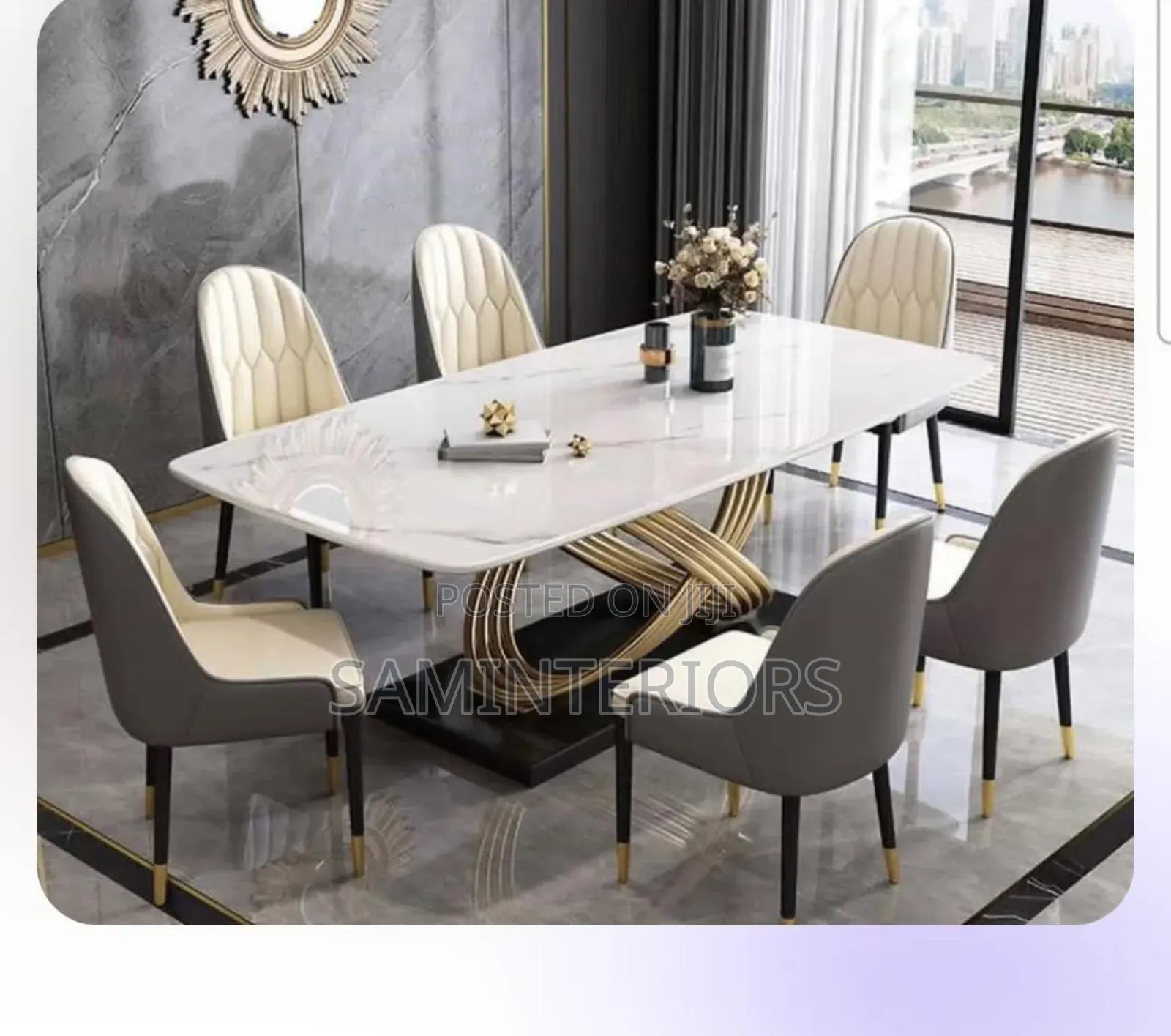 Newly Decorated Marble Top Dining With 6 Portable Unique Chairs