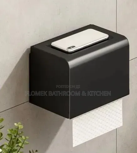 Premium Wall-Mounted Tissue Holder With Phone Shelf – Matte Black