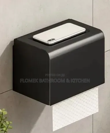 Premium Wall-Mounted Tissue Holder With Phone Shelf – Matte Black