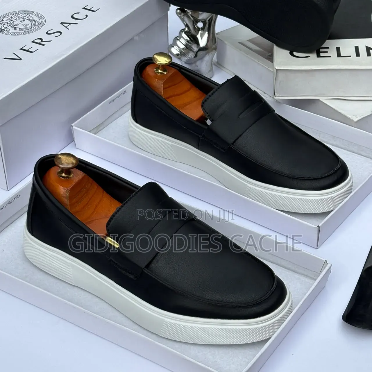 Men's Black Leather Loafers With White/Black Sole