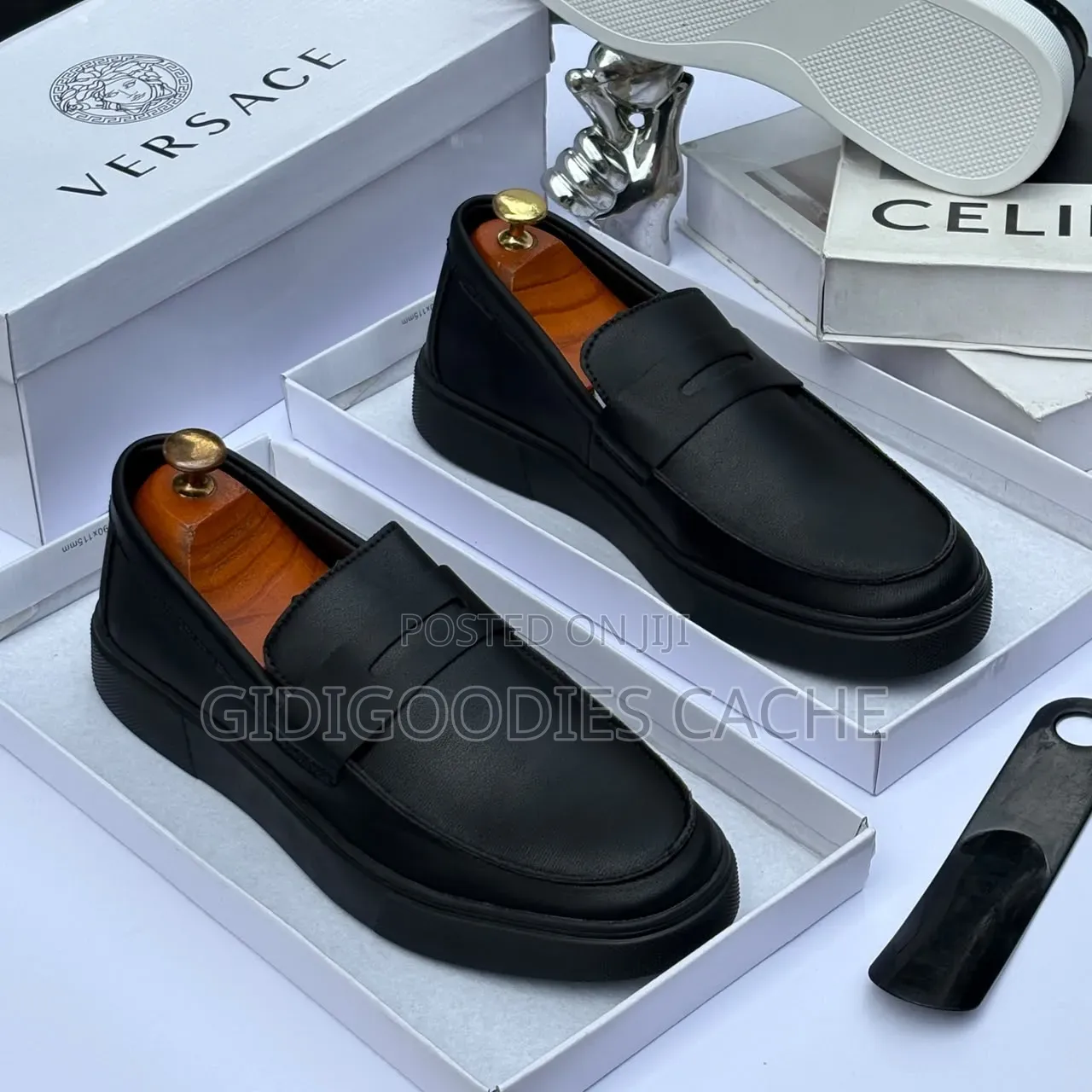 Men's Black Leather Loafers With White/Black Sole