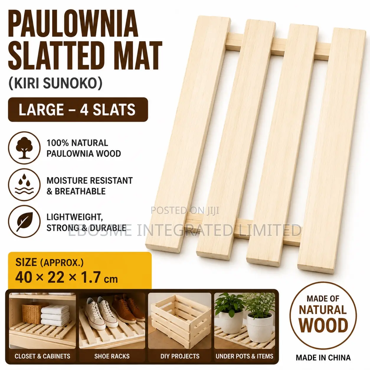 Paulownia Wood Slated Matt 40 X 22 X 1.7 Cm (1pc)