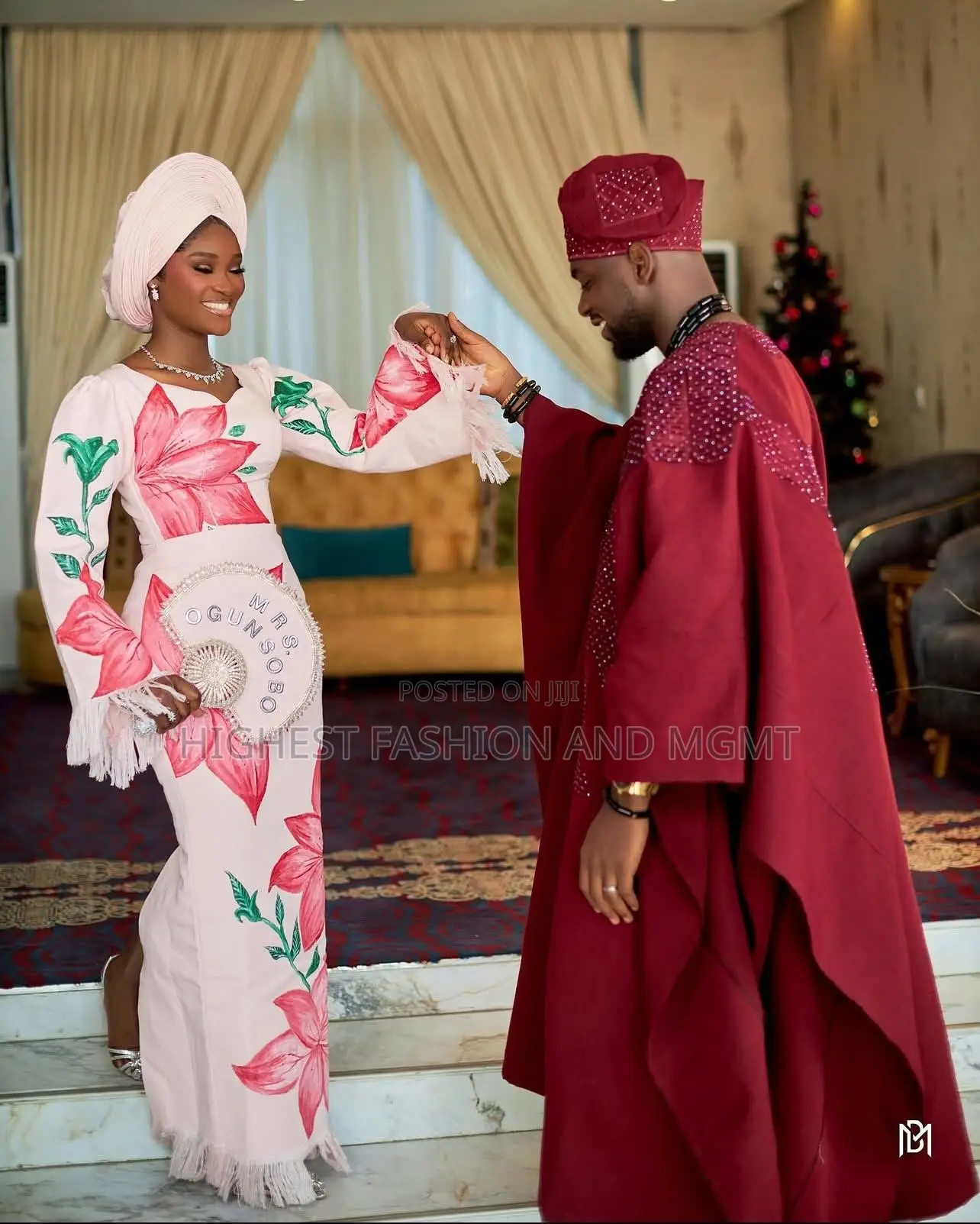 Floral Blush Gown Men’S Textured Burgundy Agbada