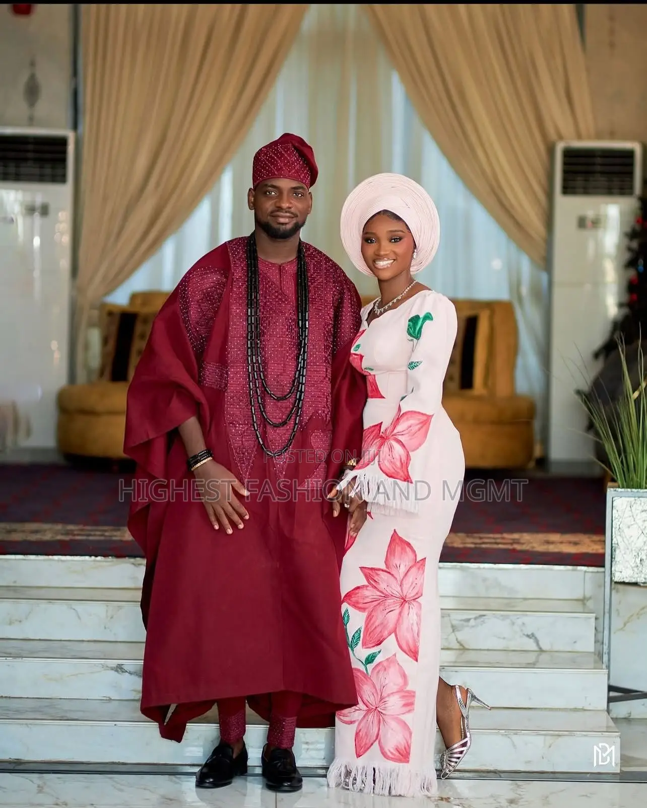 Floral Blush Gown Men’S Textured Burgundy Agbada