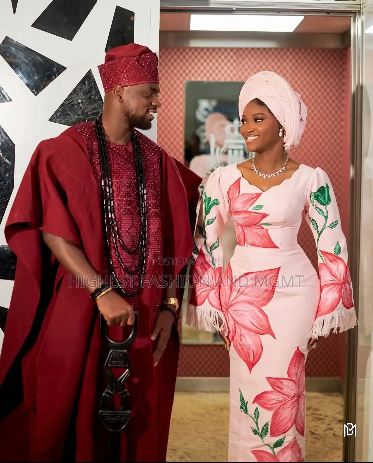 Floral Blush Gown Men’S Textured Burgundy Agbada