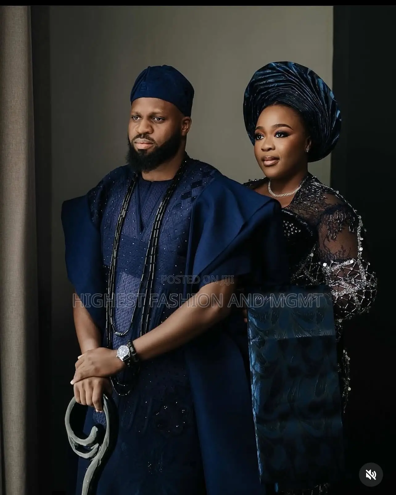 Beaded Sequined Navy Iro and Buba Men’S Structured Navy Agbada