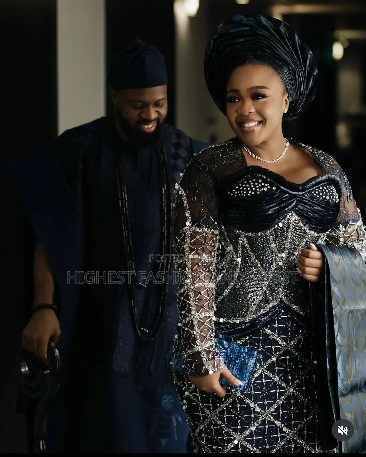 Beaded Sequined Navy Iro and Buba Men’S Structured Navy Agbada