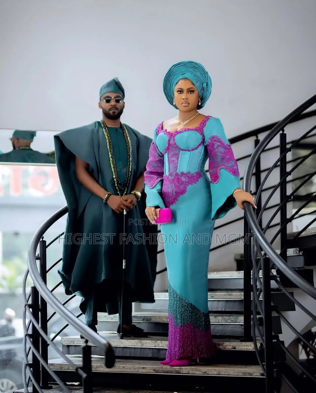 Lace-Paneled Iro and Buba Men’S Minimalist Deep Teal Agbada