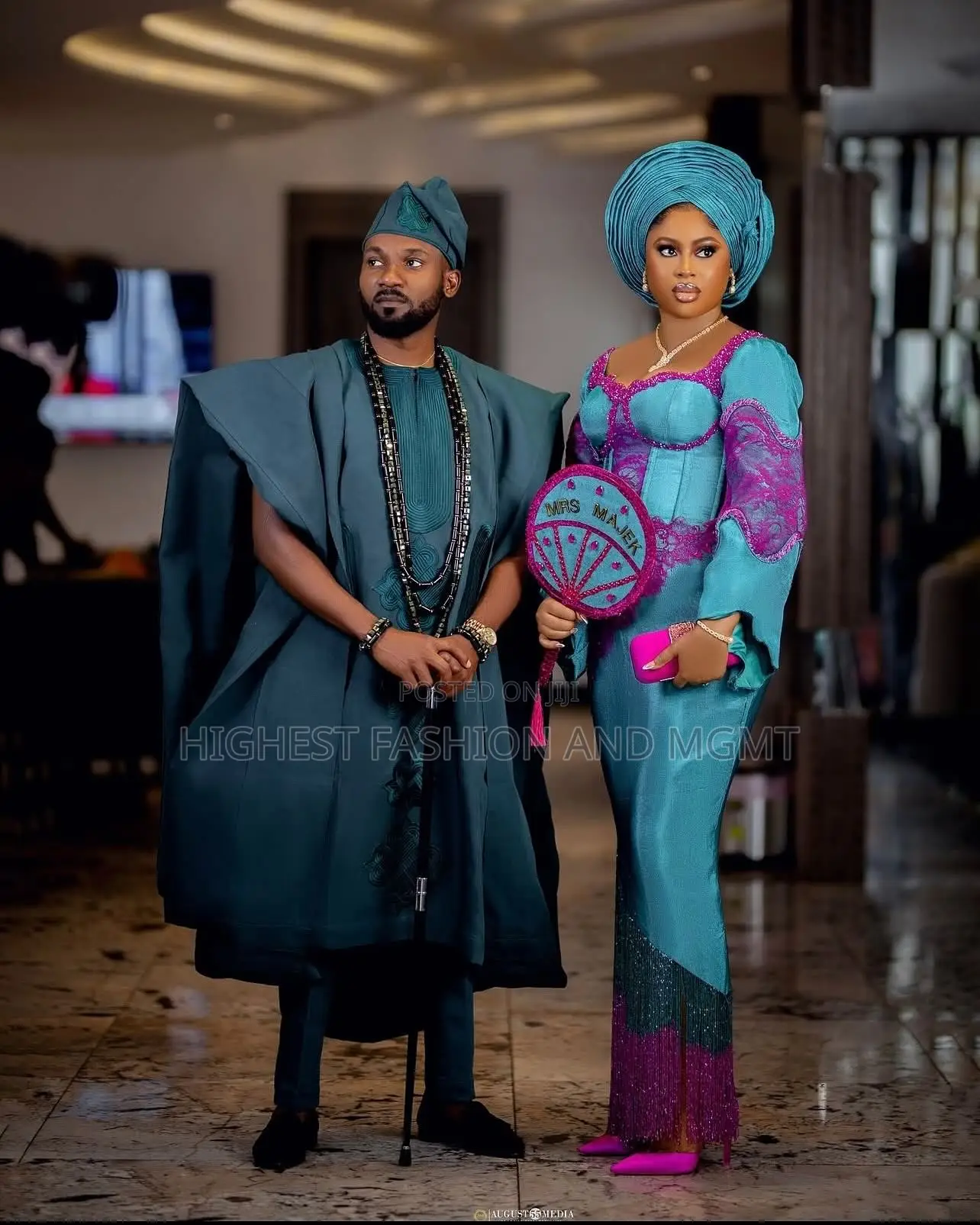 Lace-Paneled Iro and Buba Men’S Minimalist Deep Teal Agbada