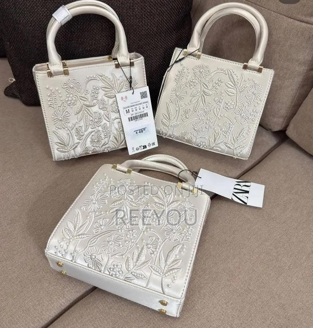 Zara Ivory Embroidered Faux Pearl Handbag