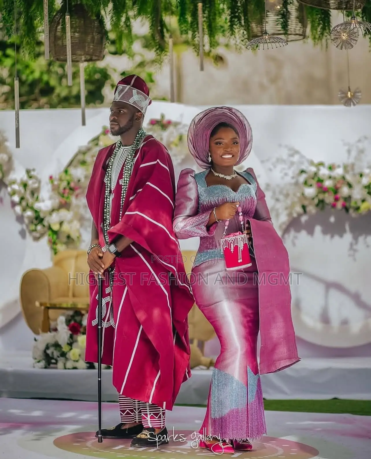 Lilac-Shimmer Iro and Buba Men’S Pinstriped Burgundy Agbada