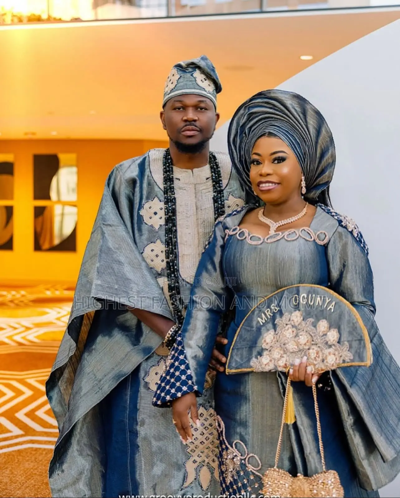 Metallic Shimmer Iro and Buba Men’S Metallic-Embroidered Agbada