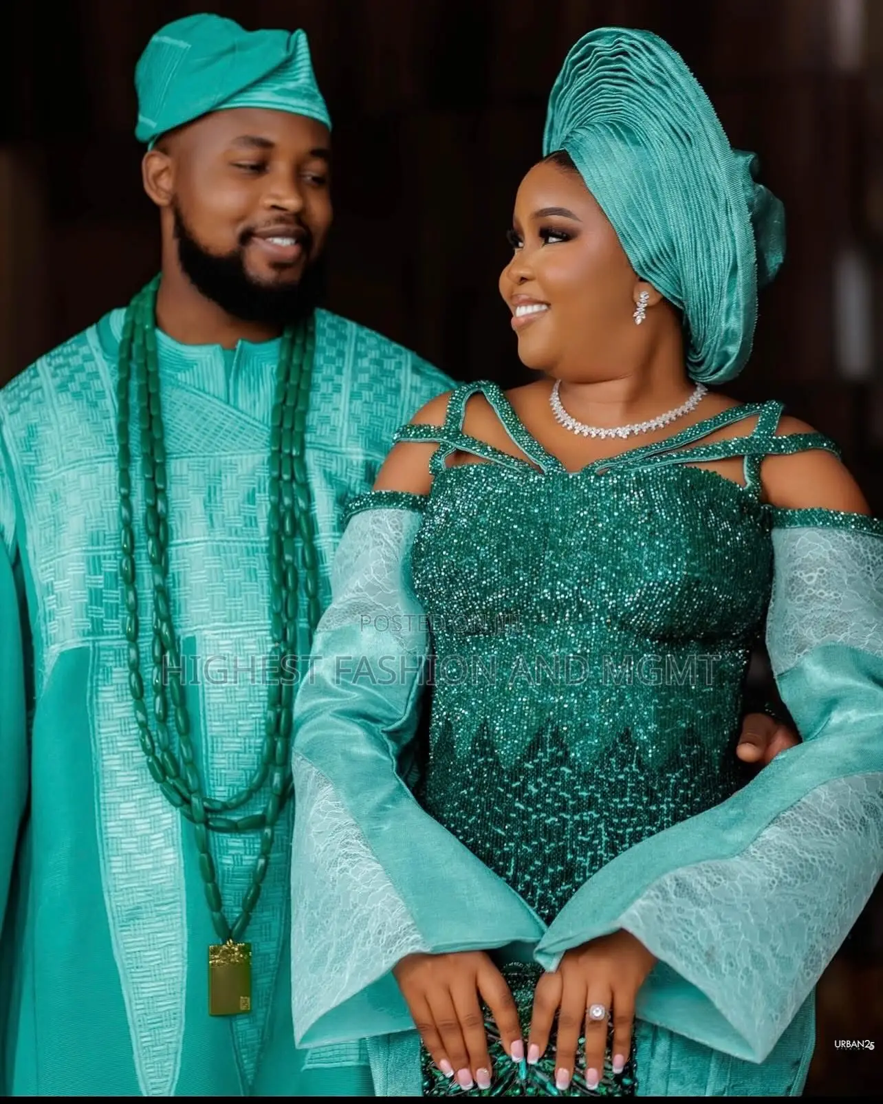 Sequined Emerald Iro and Buba Men’S Seafoam Green Agbada