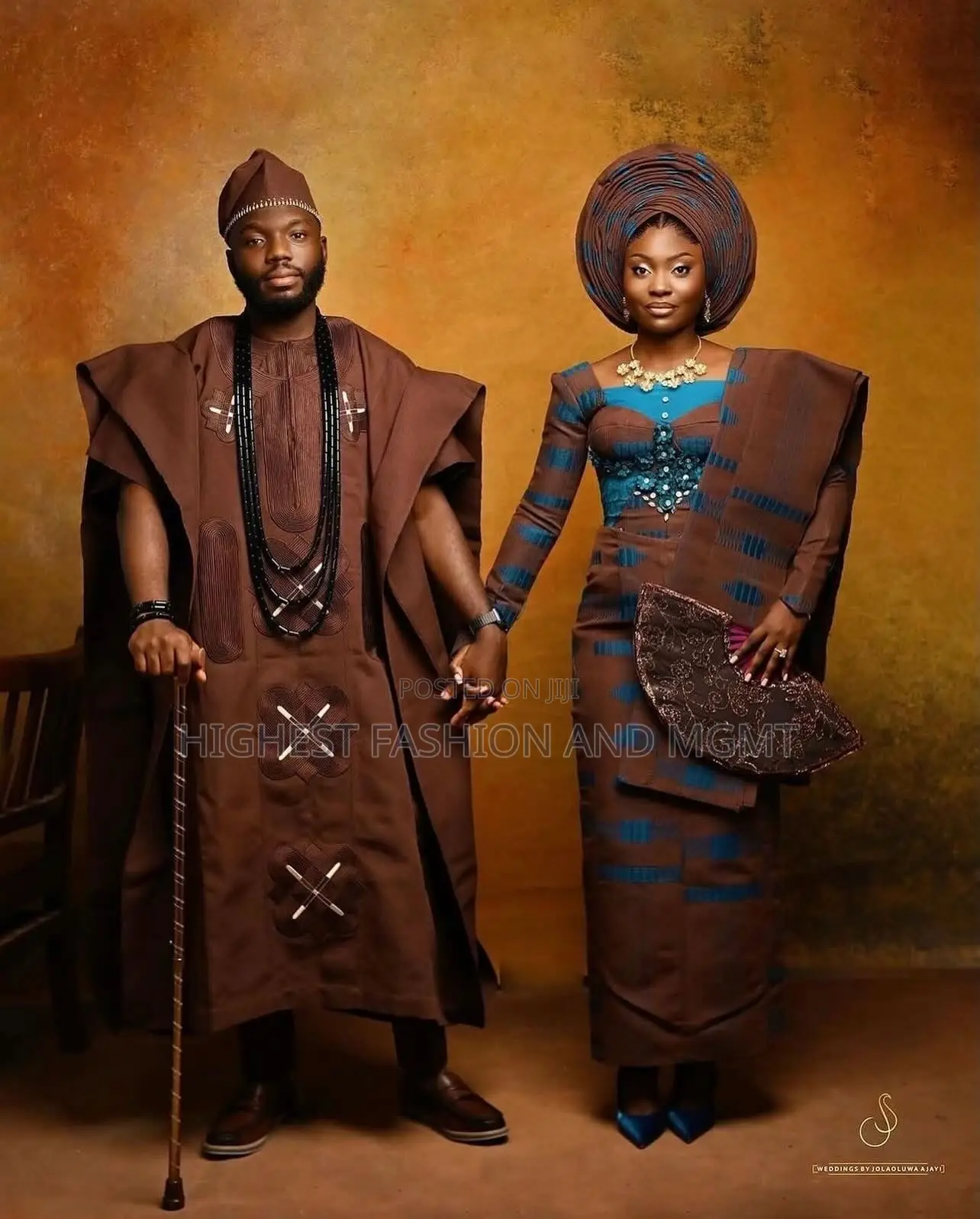 Brown Teal Aso-Oke Corset Gown Agbada With Ornate Beadwork