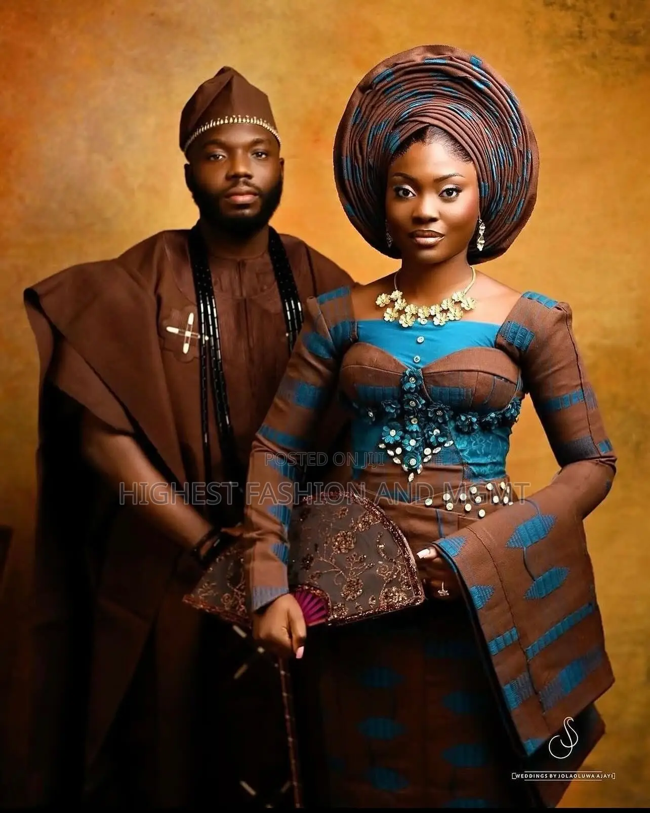 Brown Teal Aso-Oke Corset Gown Agbada With Ornate Beadwork