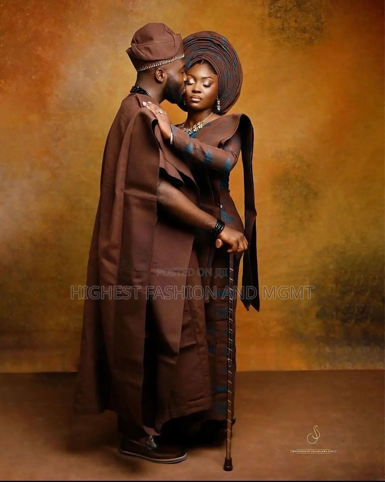 Brown Teal Aso-Oke Corset Gown Agbada With Ornate Beadwork