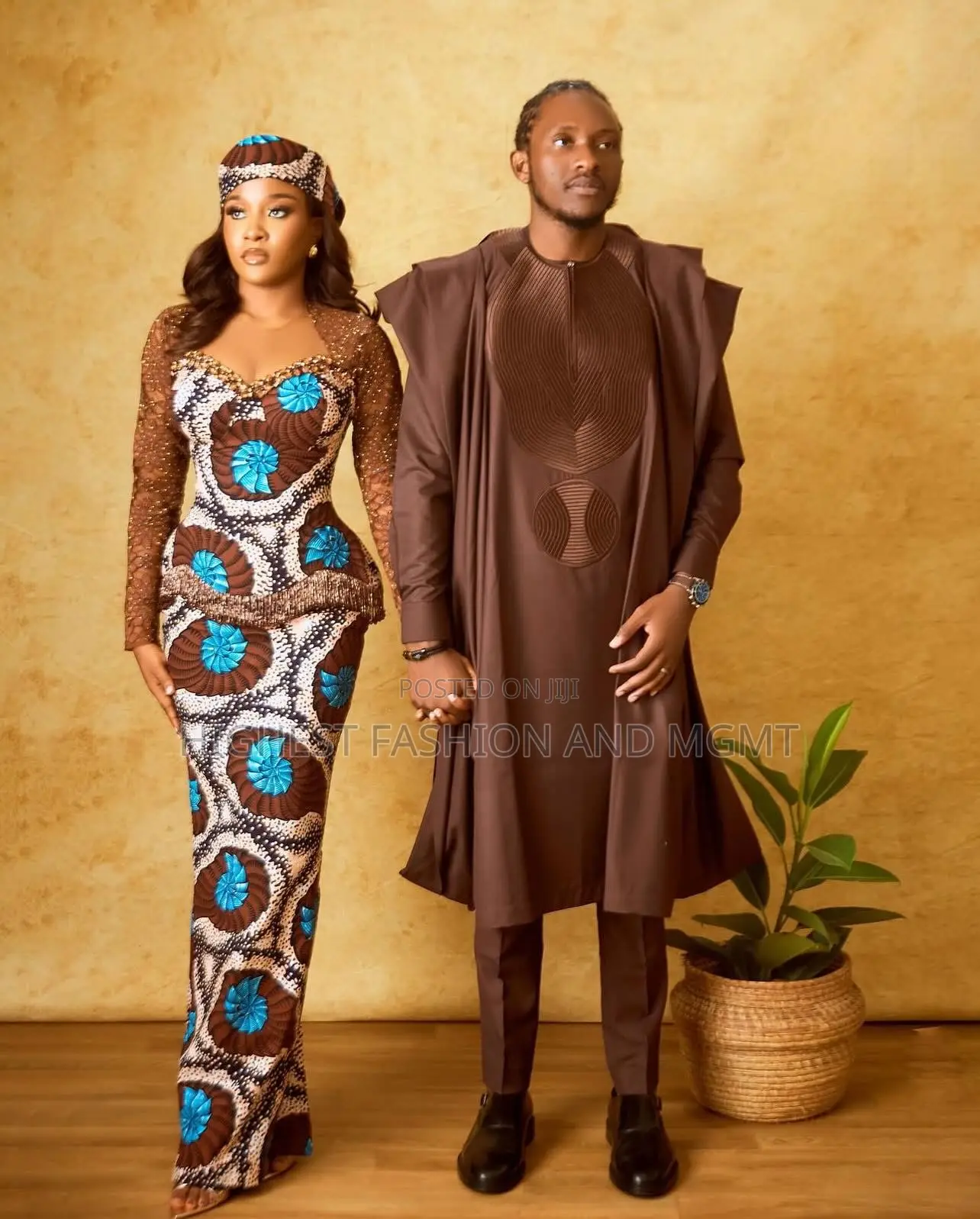 Brown Azure Printed Aso-Oke Peplum Gown Men’S Chocolate Agbada