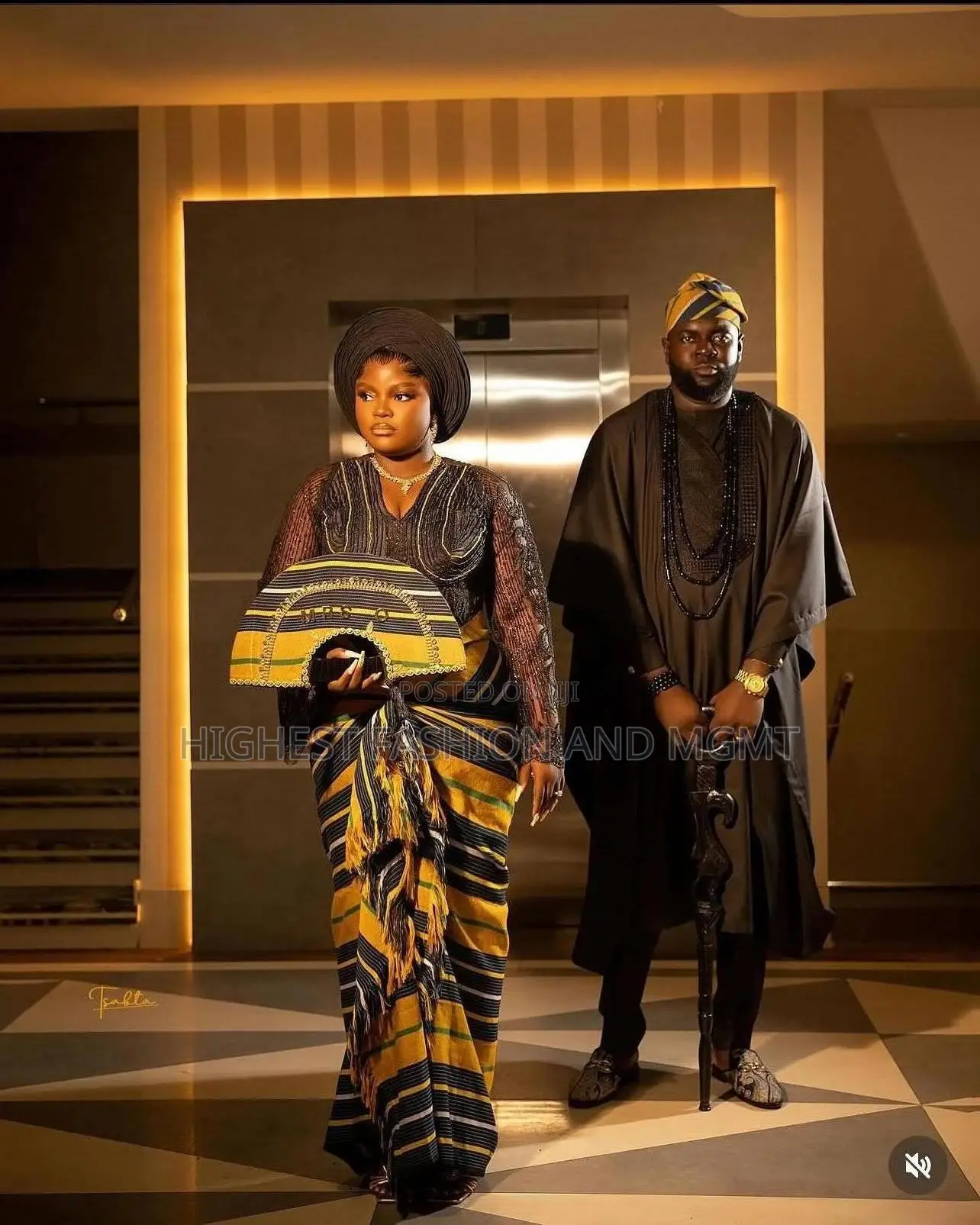 Lace Iro Buba With Gold-yellow Wrapper Men Black Agbada With Fila