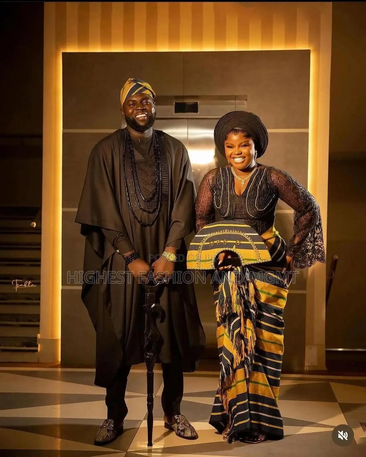 Lace Iro Buba With Gold-yellow Wrapper Men Black Agbada With Fila