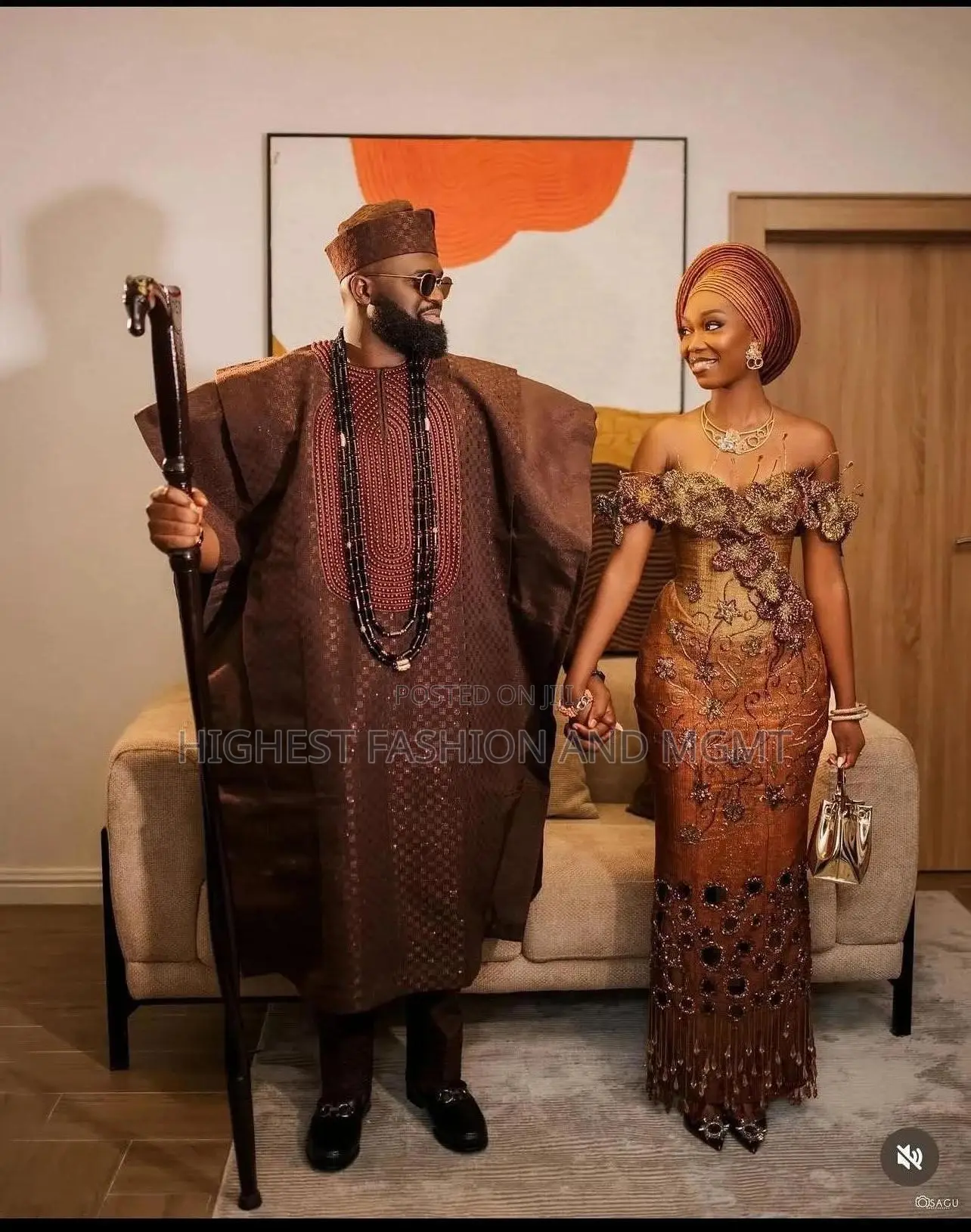 Bronze-embellished Bridal Gown Men’S Brown Agbada