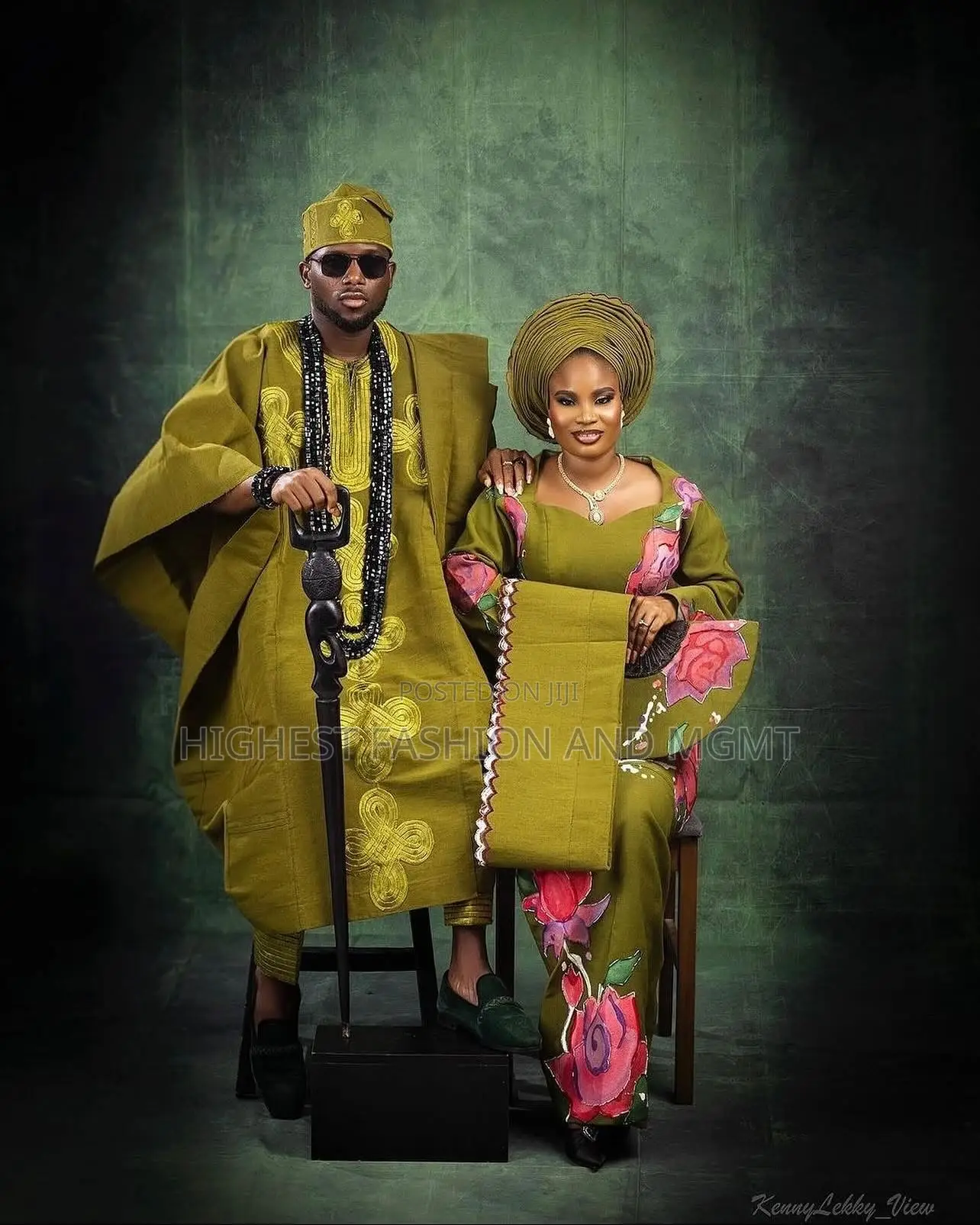 Hand-Painted Floral Iro and Buba Men’S Embroidered Olive Agbada