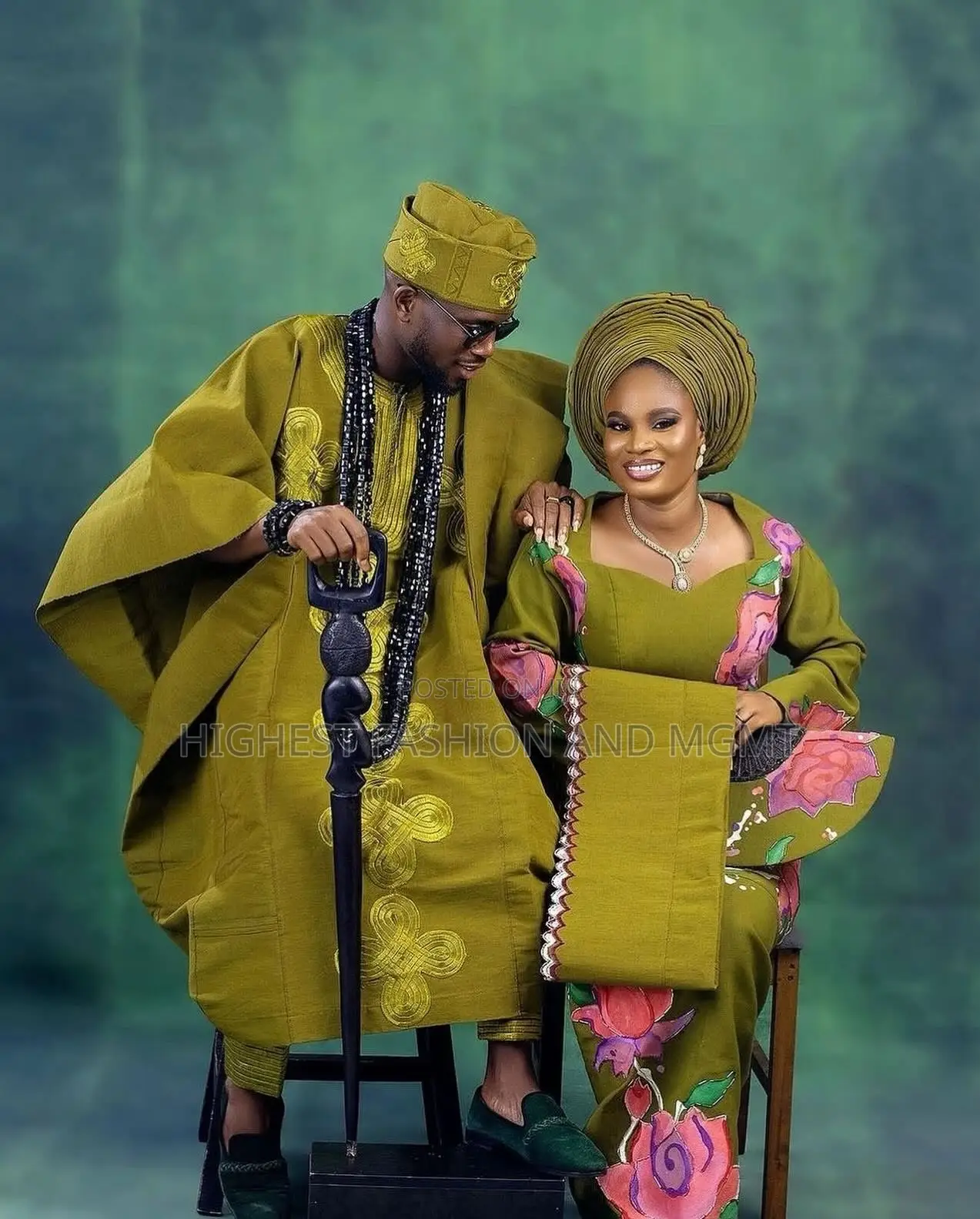 Hand-Painted Floral Iro and Buba Men’S Embroidered Olive Agbada