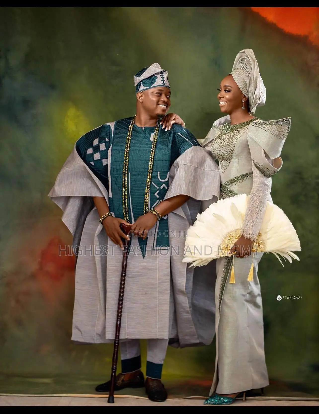 Silver-Teal Iro and Buba Men’S Geometric-Accented Silver-Gray Agbada