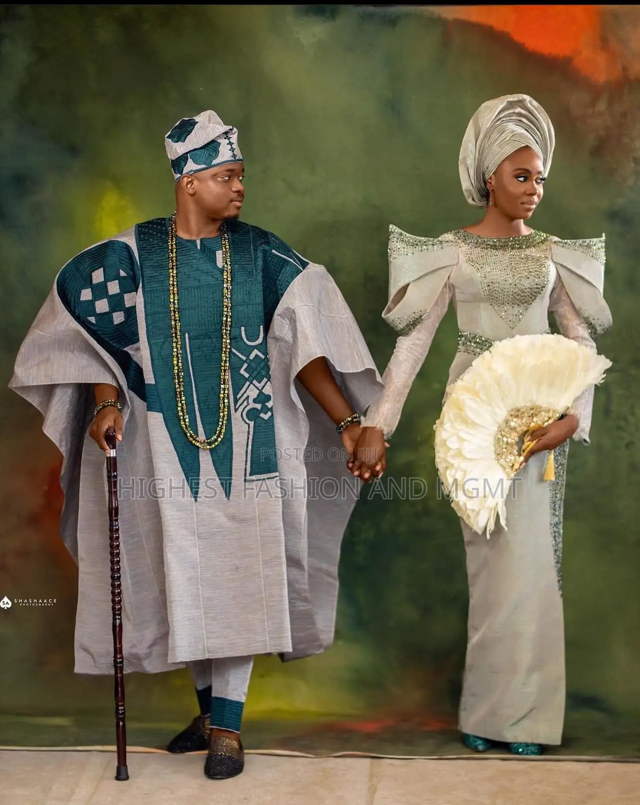Silver-Teal Iro and Buba Men’S Geometric-Accented Silver-Gray Agbada