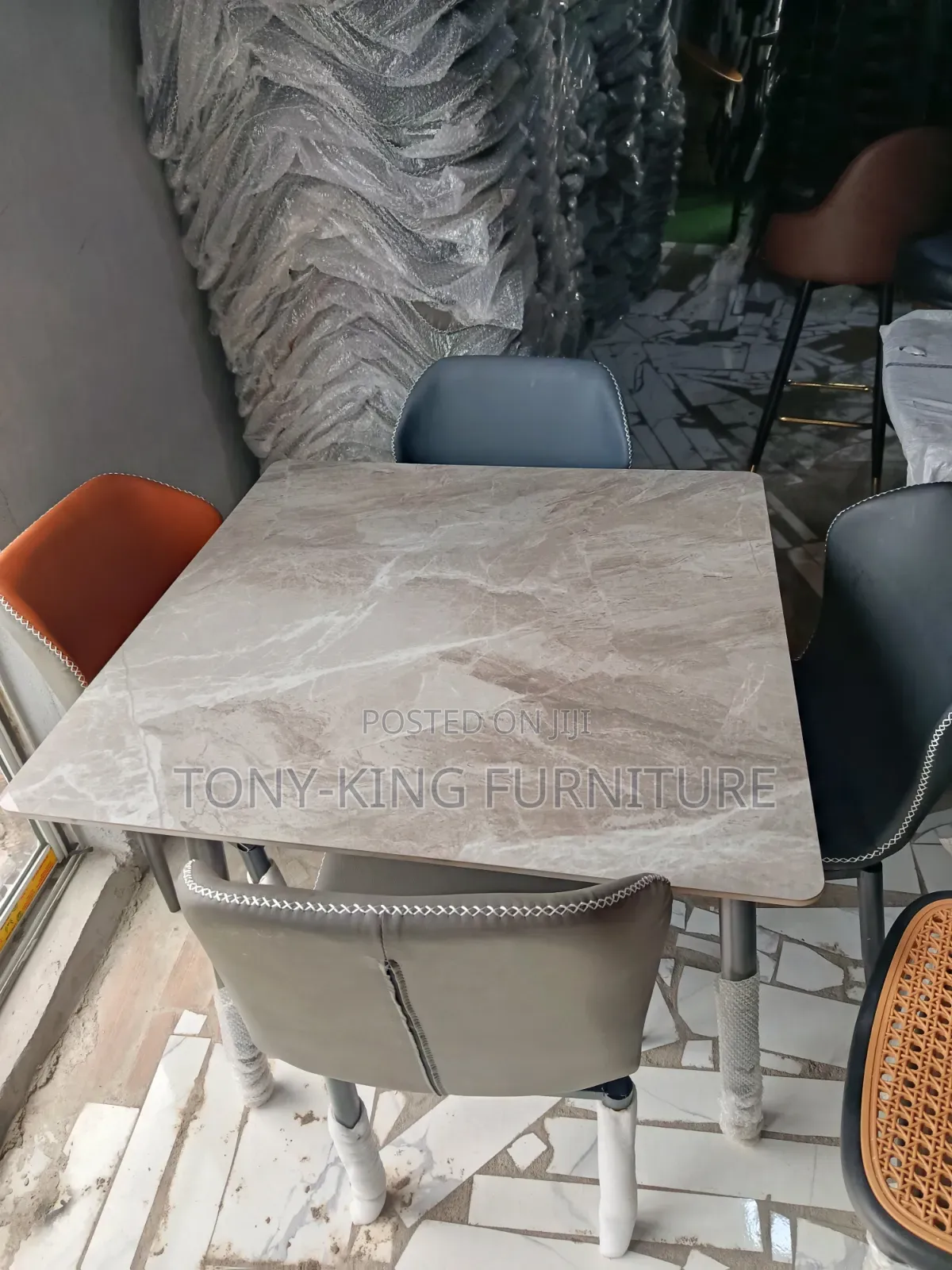 Dining Table Set 4-Chair With Orange and Gray Leatherette Upholstery