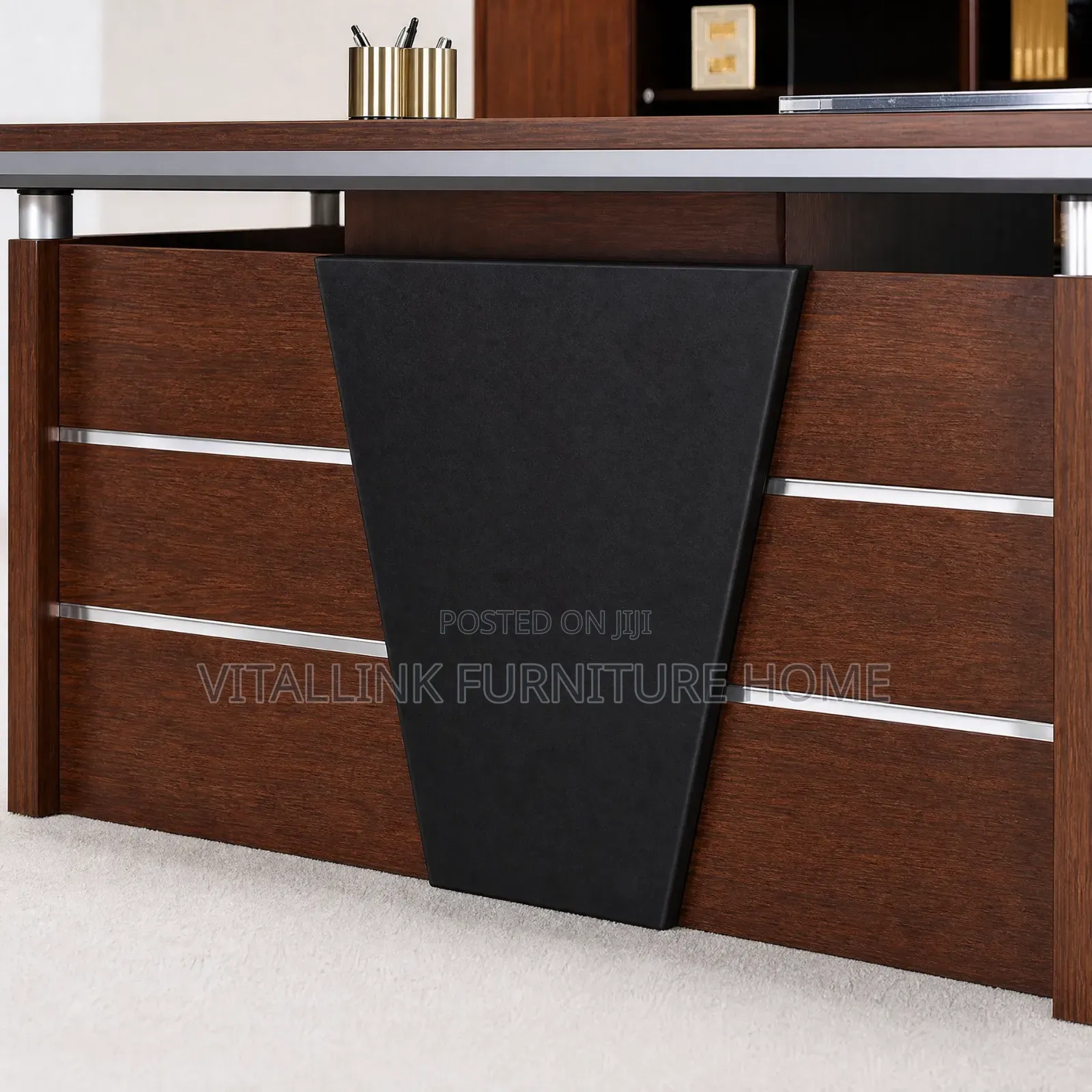 Modern Executive L-Shaped Desk With Black Panel Silver Accents