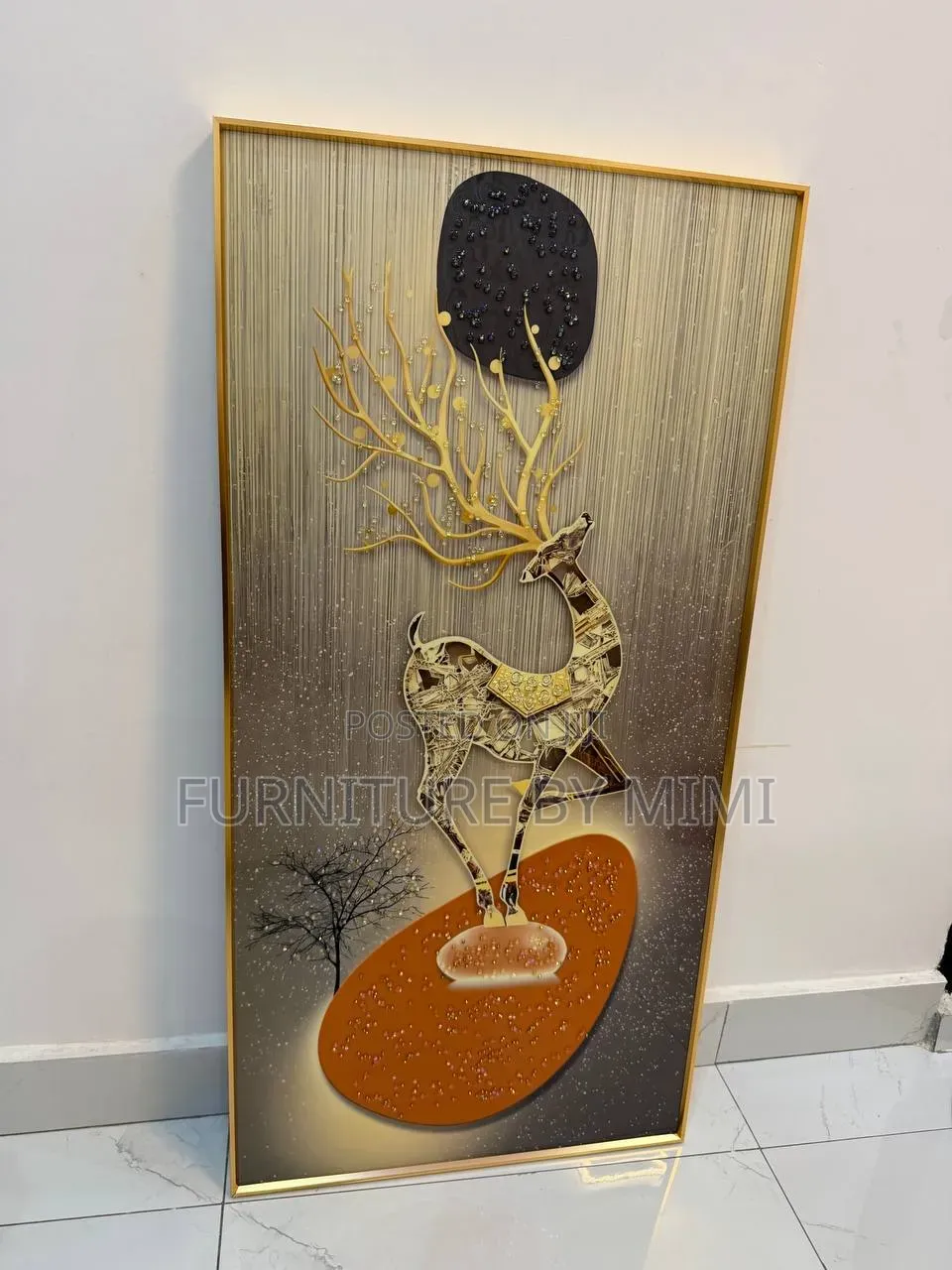 Luxury 3d Crystal Porcelain Golden Deer Wall Art (50x100cm