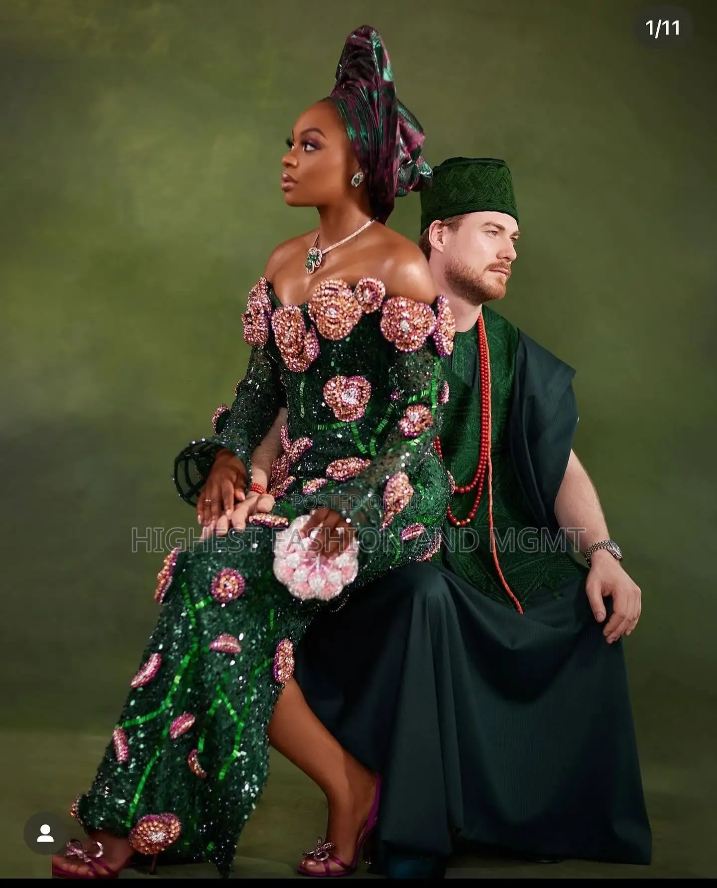 Emerald Off-Shoulder Gown Men’S Traditional Emerald Agbada Set
